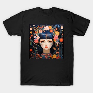 Surrealistic Folk Art Dark Floral Motif Young Fairy Maiden Girl T-Shirt